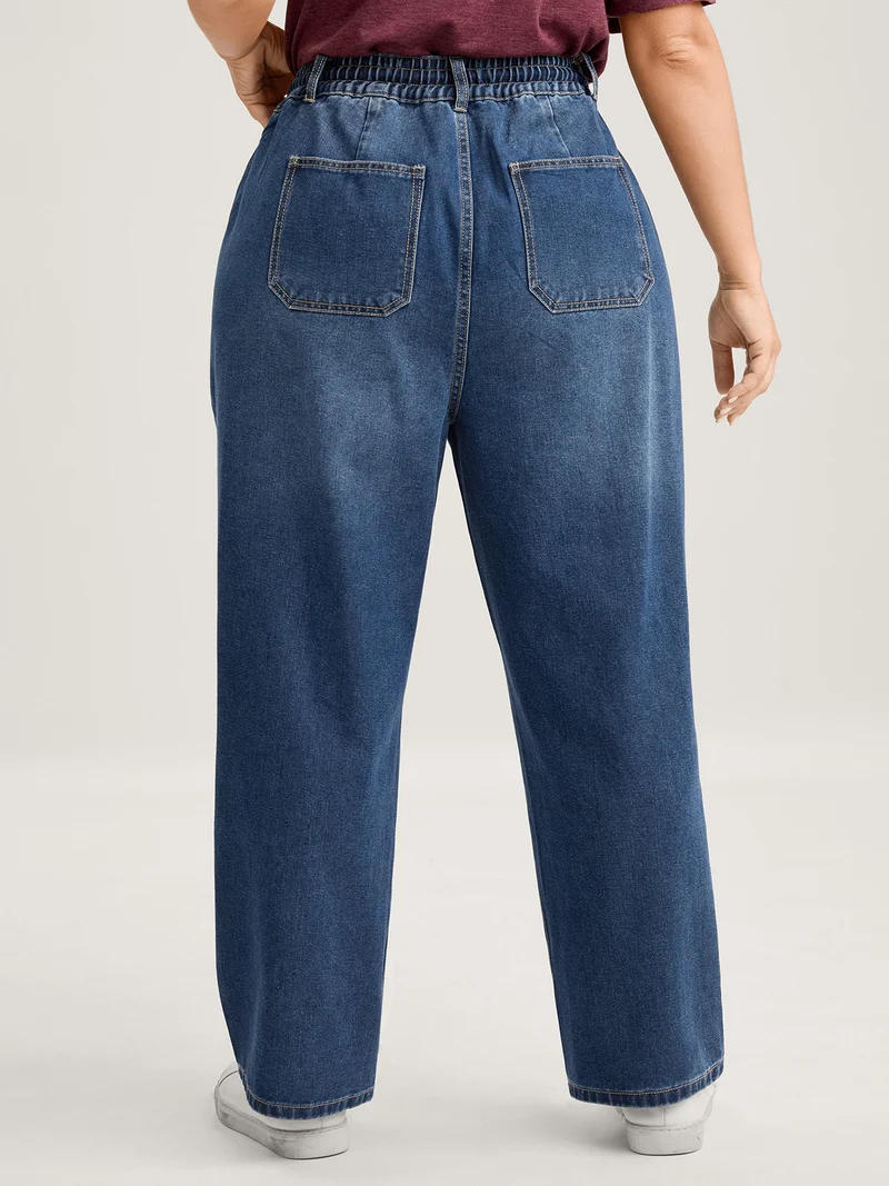 Layered Pockets Elastic Waistband Straight-Leg Jeans