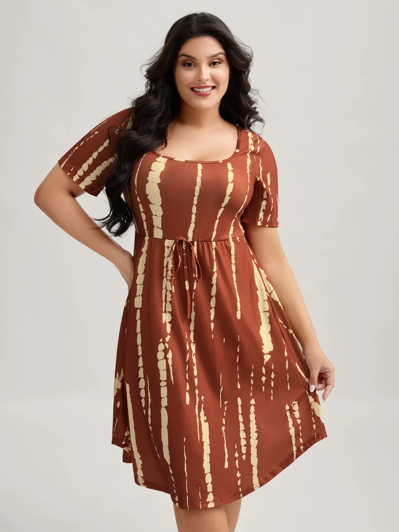 Tie-Dye Stretchy Waist-Drawstring Midi Dress
