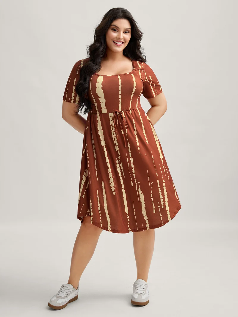Tie-Dye Stretchy Waist-Drawstring Midi Dress