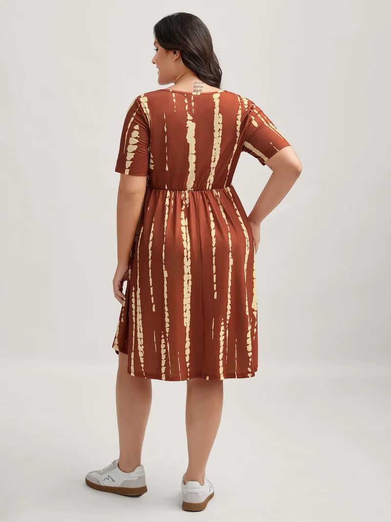 Tie-Dye Stretchy Waist-Drawstring Midi Dress