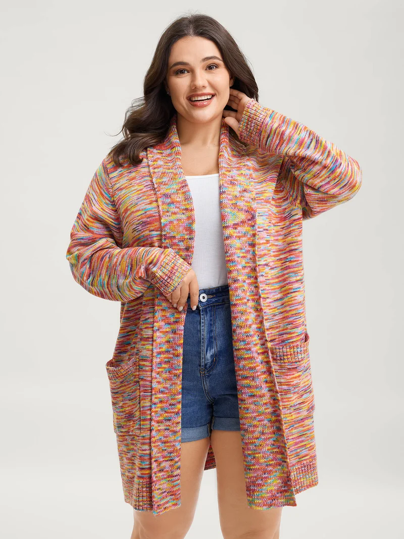 Lapel Collar Pockets Heather Knit Cardigan