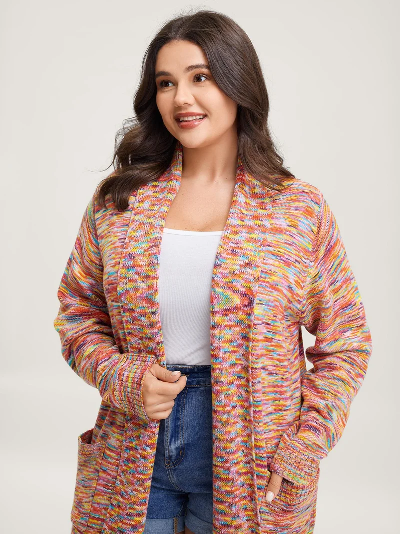 Lapel Collar Pockets Heather Knit Cardigan