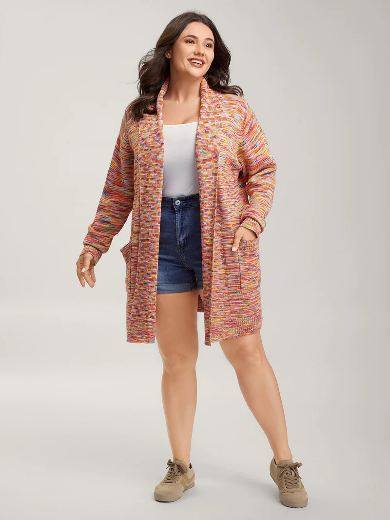 Lapel Collar Pockets Heather Knit Cardigan