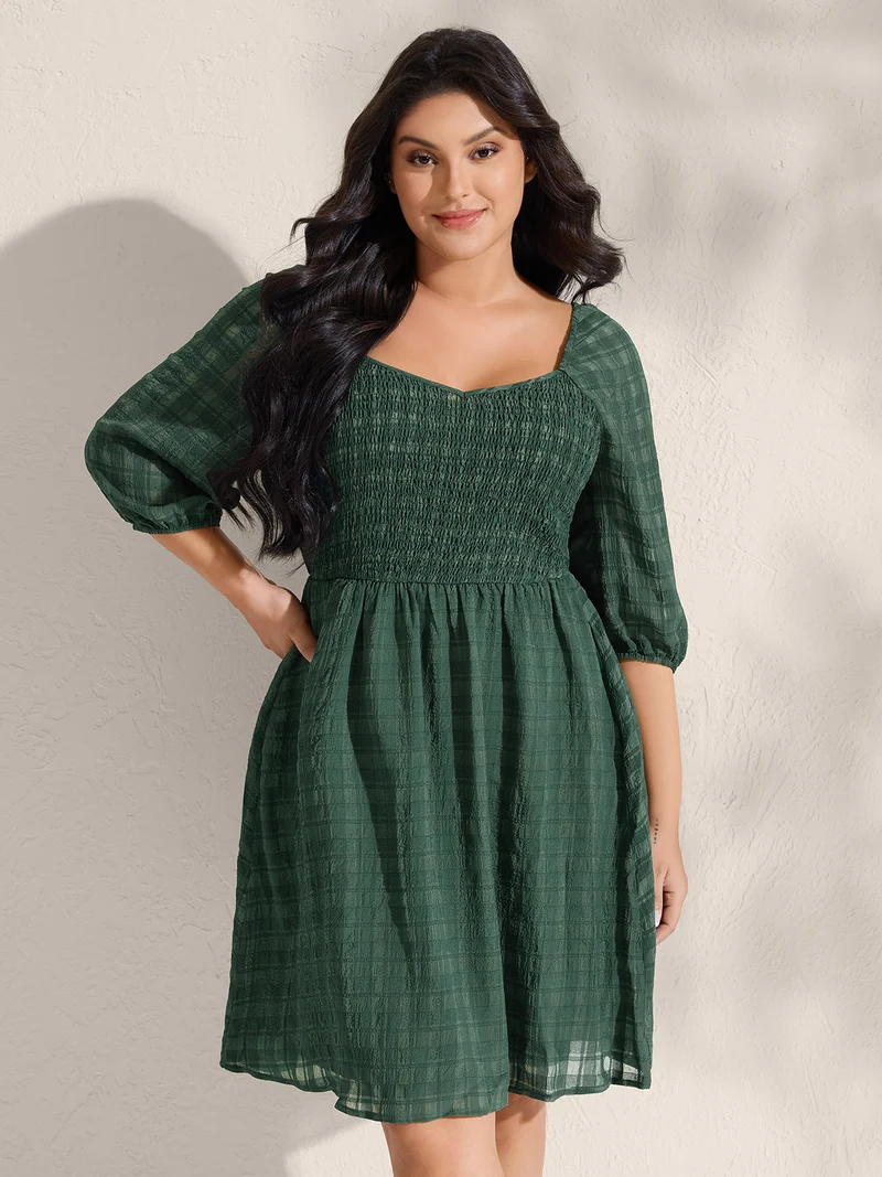 Retro Check Pattern Shirred Waist Midi Dress