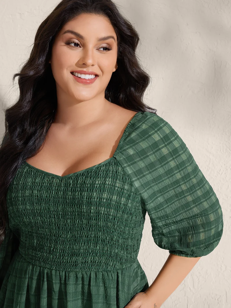 Retro Check Pattern Shirred Waist Midi Dress