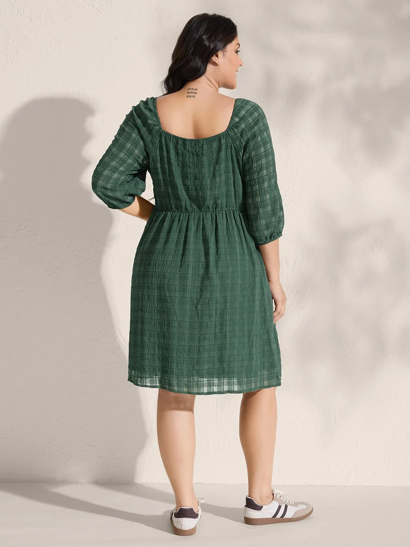 Retro Check Pattern Shirred Waist Midi Dress