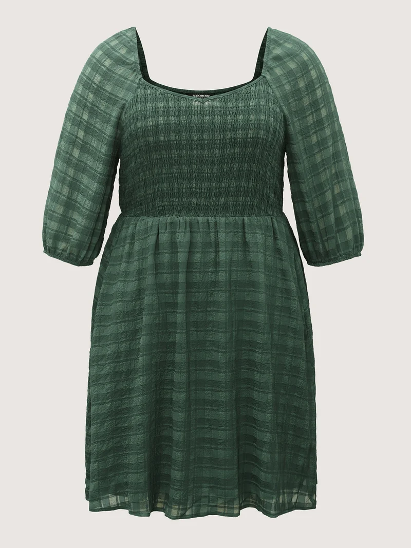 Retro Check Pattern Shirred Waist Midi Dress