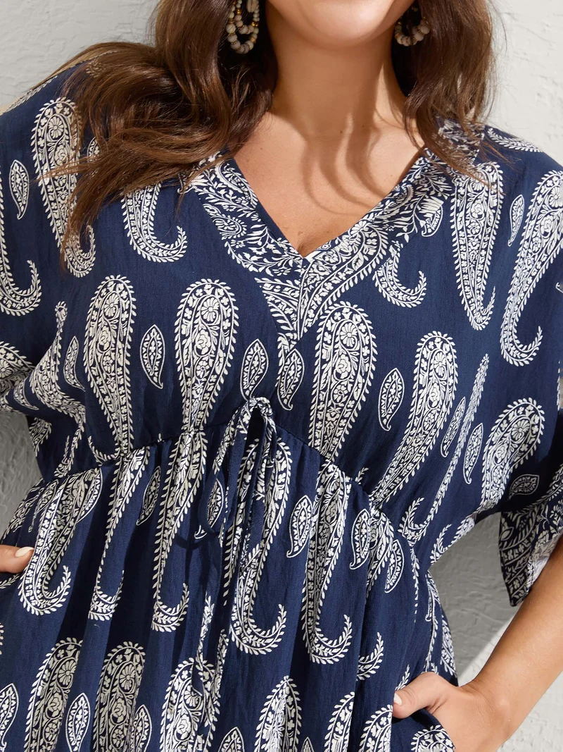Paisley Print Dolman Ruffled Sleeve Midi Dress
