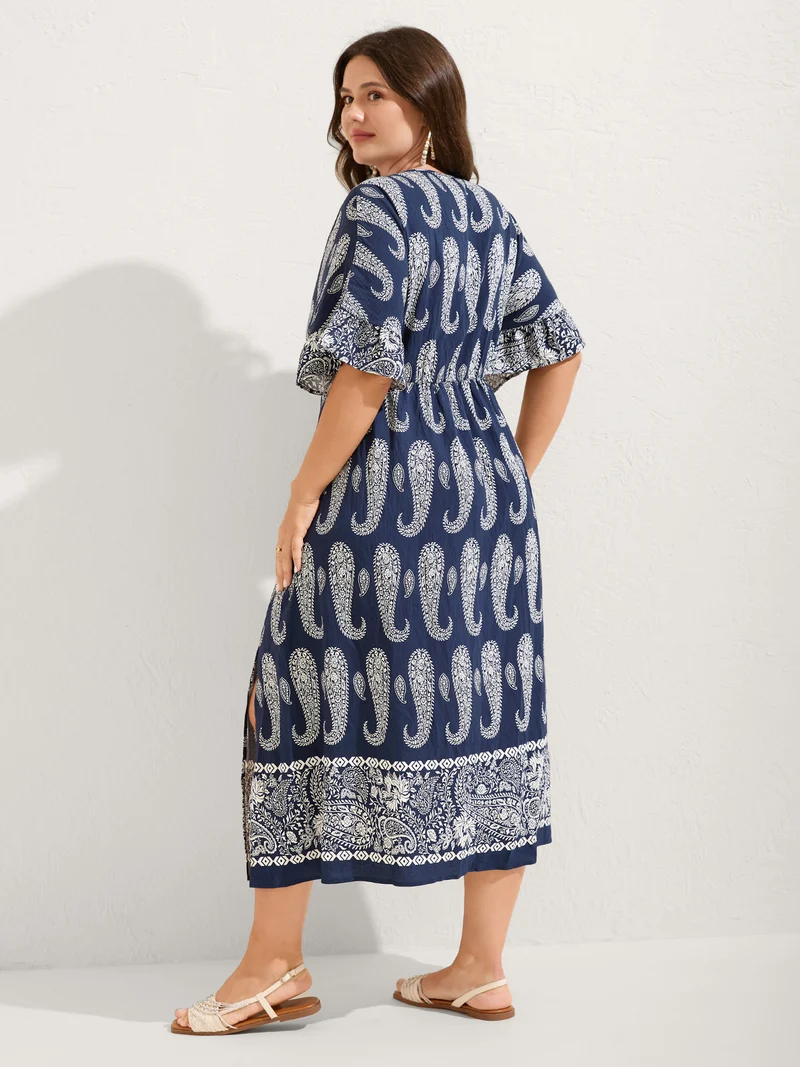 Paisley Print Dolman Ruffled Sleeve Midi Dress