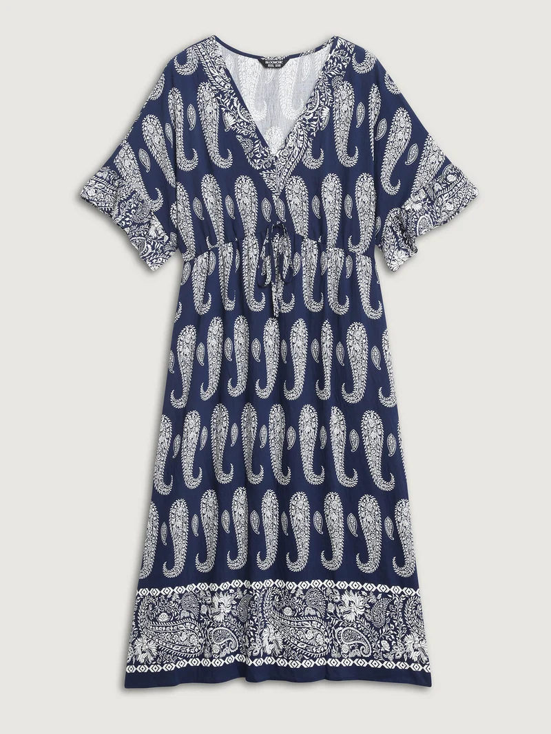 Paisley Print Dolman Ruffled Sleeve Midi Dress