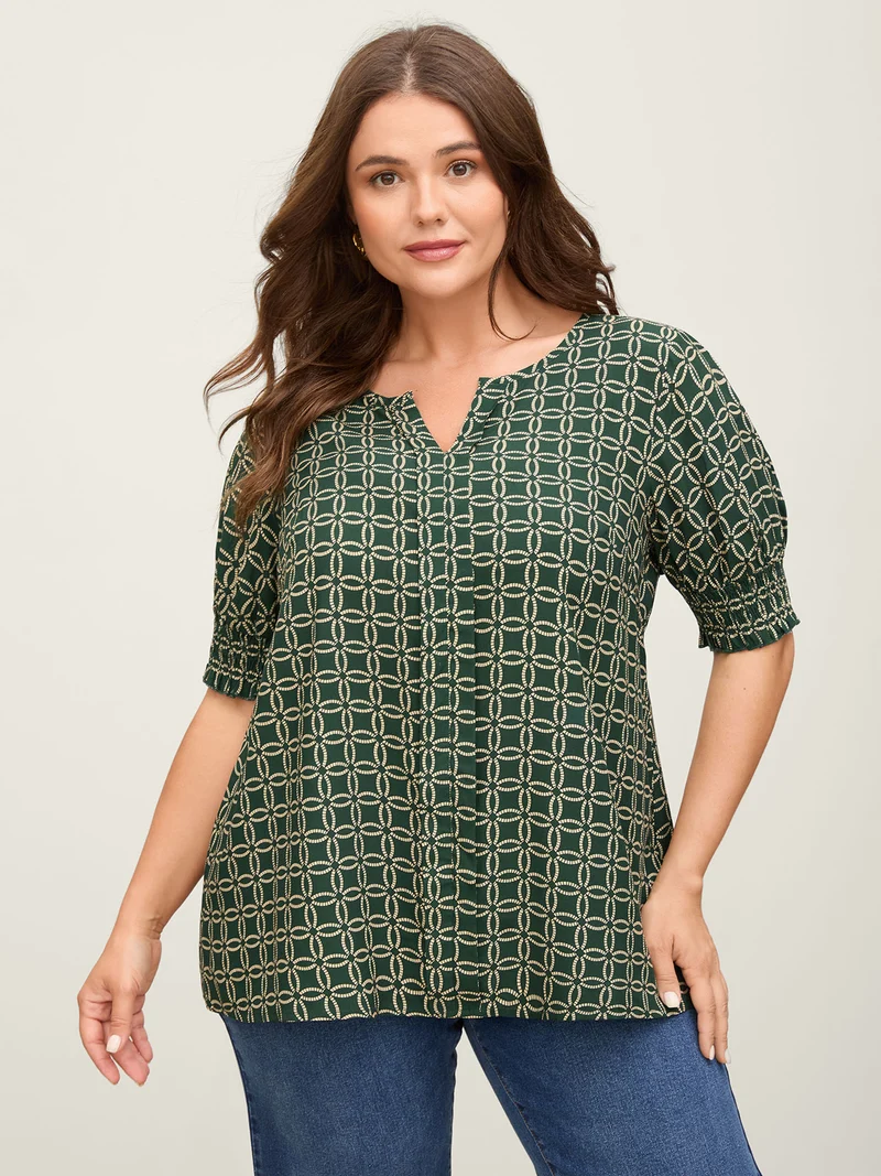 Floral Shirred Split Neckline Blouse