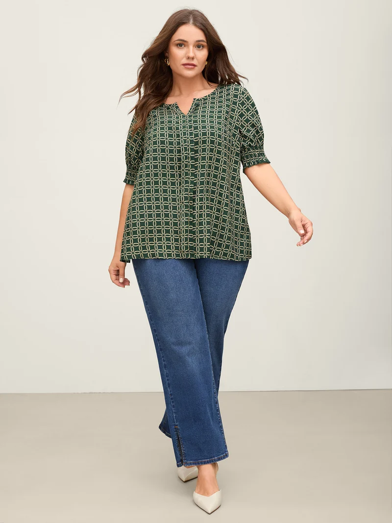 Floral Shirred Split Neckline Blouse