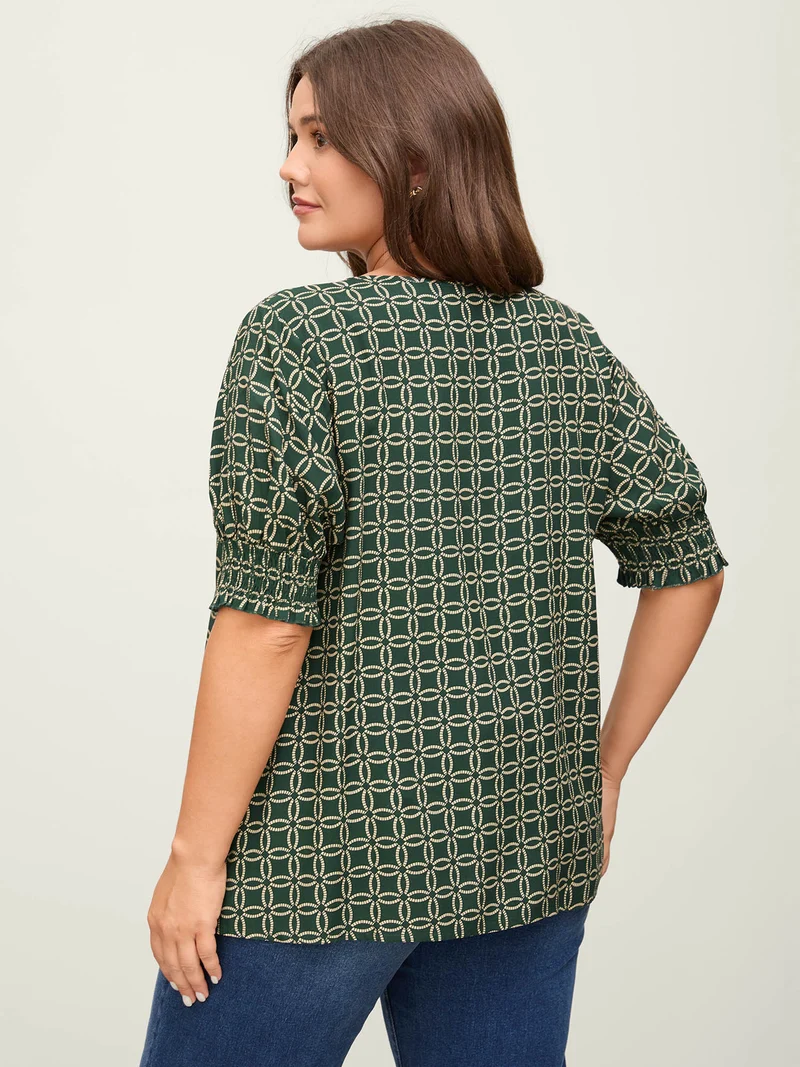Floral Shirred Split Neckline Blouse