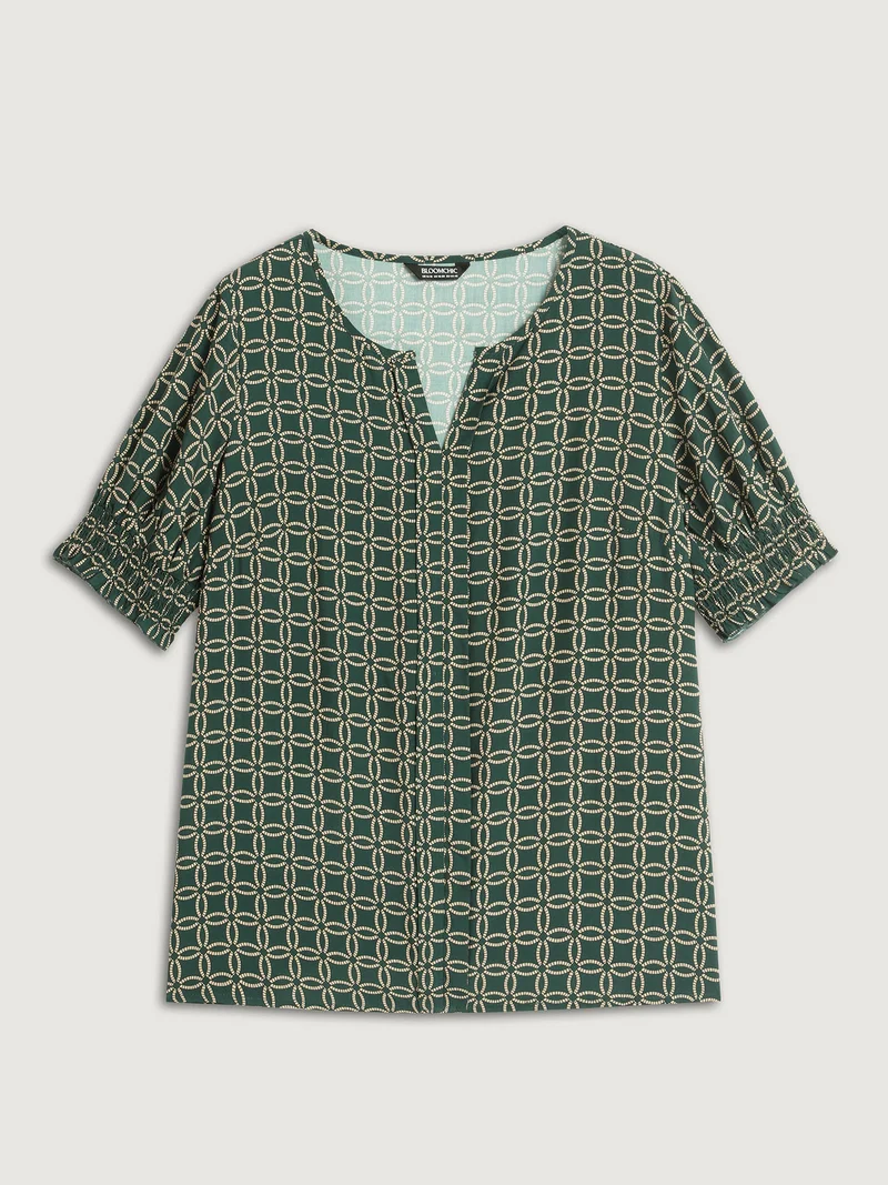 Floral Shirred Split Neckline Blouse