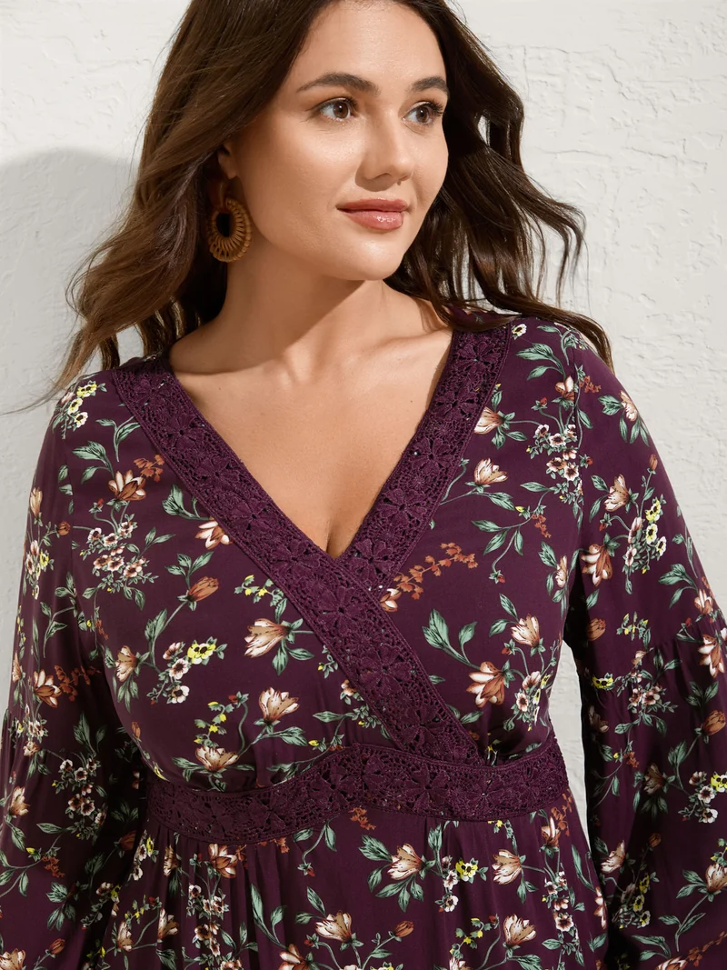 Supersoft Floral Print Lace Trim Knee-Length Dress