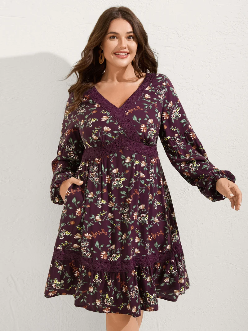 Supersoft Floral Print Lace Trim Knee-Length Dress