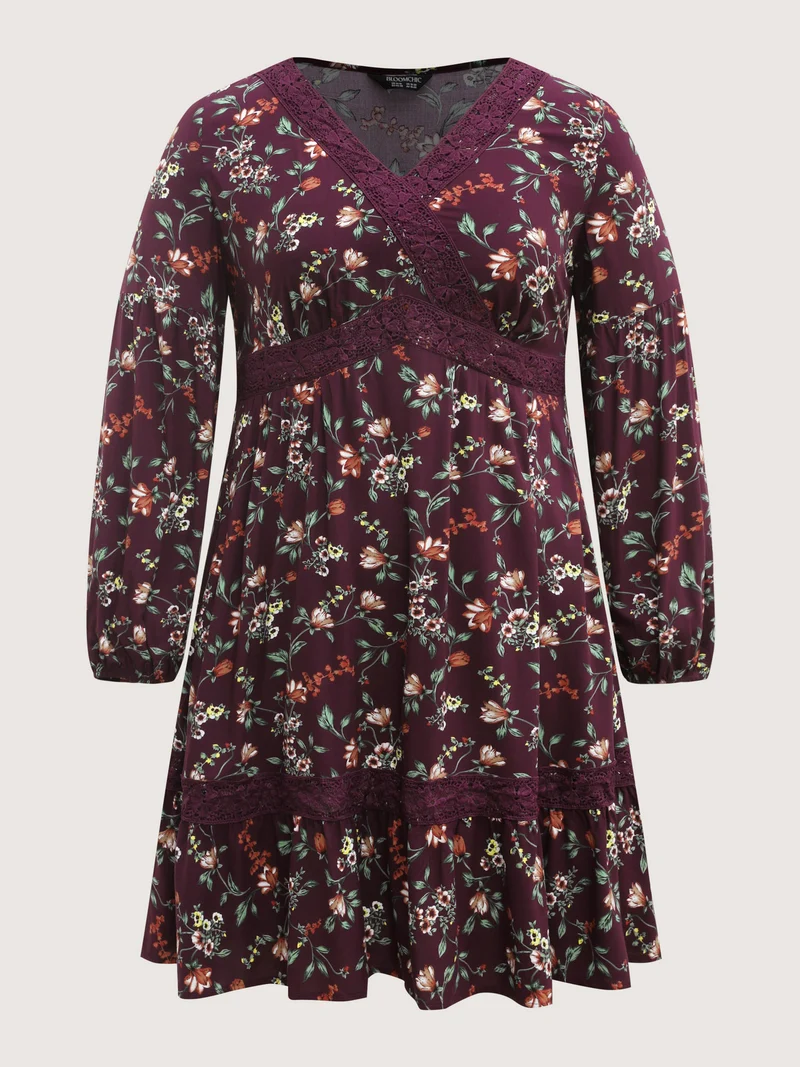 Supersoft Floral Print Lace Trim Knee-Length Dress