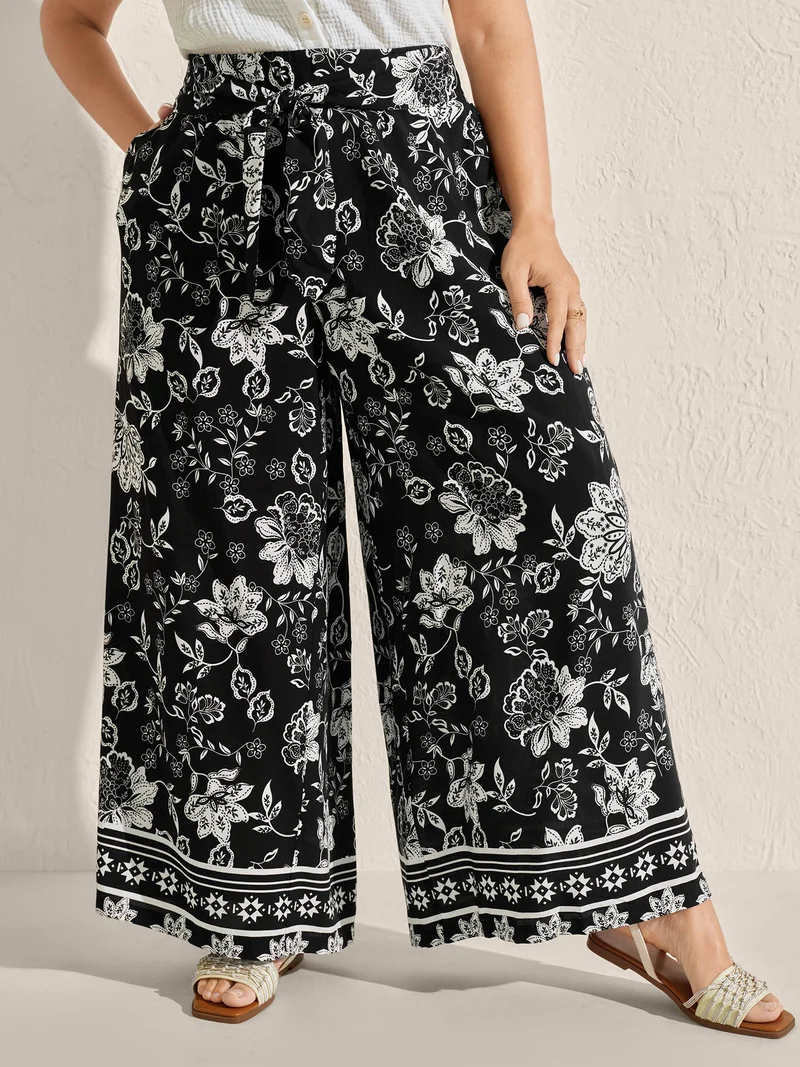 Folk-Art Floral Shirred Wide-Leg Pants