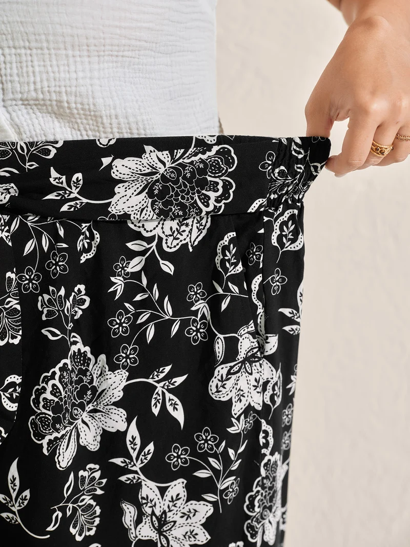Folk-Art Floral Shirred Wide-Leg Pants