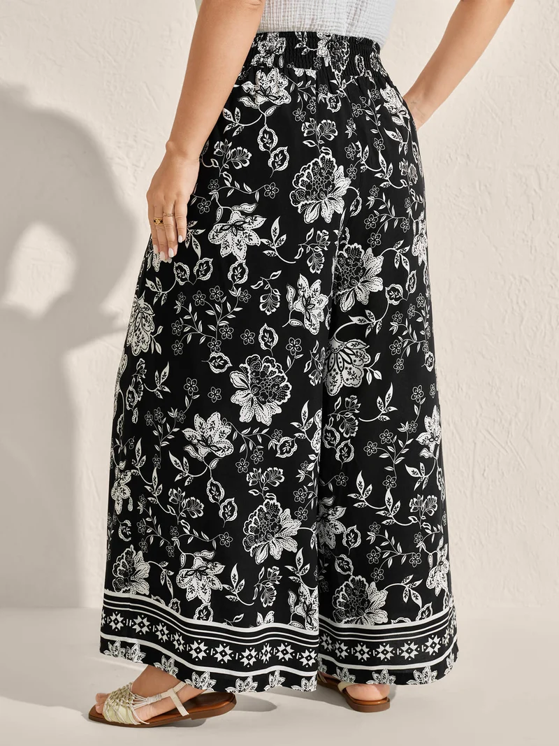 Folk-Art Floral Shirred Wide-Leg Pants