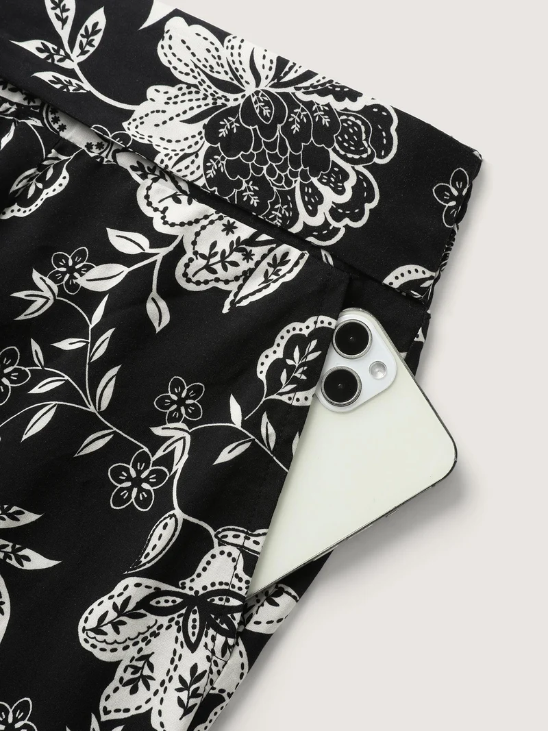 Folk-Art Floral Shirred Wide-Leg Pants