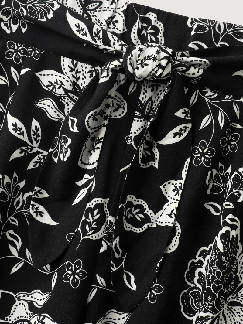 Folk-Art Floral Shirred Wide-Leg Pants