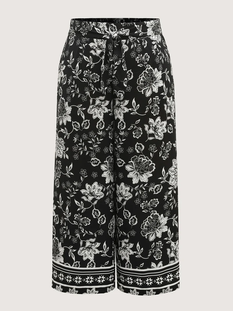 Folk-Art Floral Shirred Wide-Leg Pants
