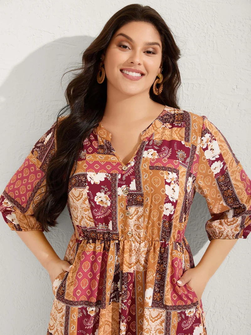 Floral Collage Split Side Pockets Maxi Dress