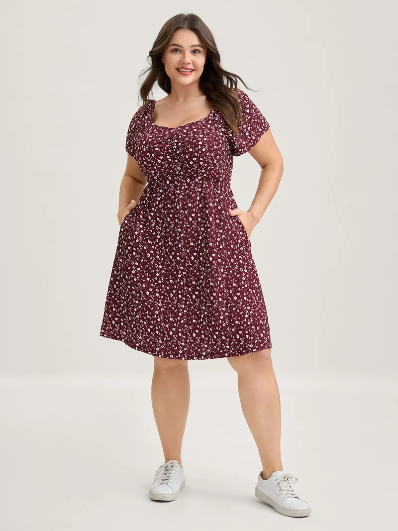 Micro-Floral Print Bust Ease Midi Dress