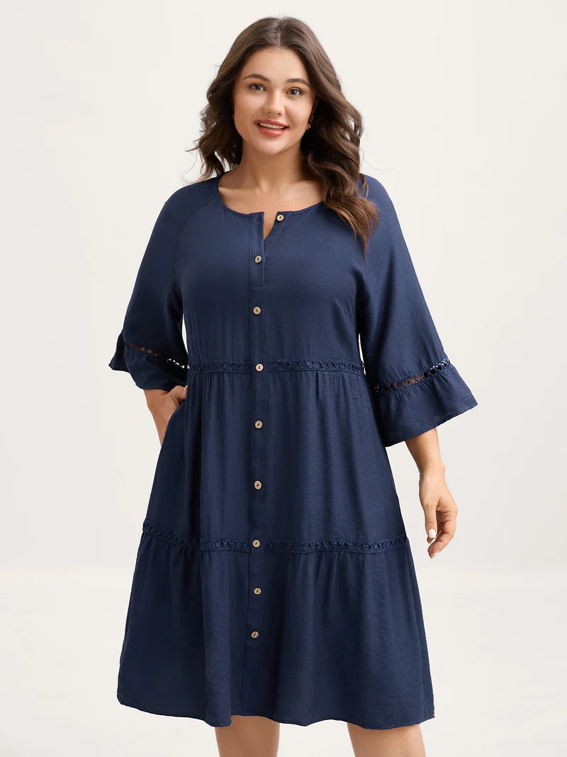 Button Front Lace Trim Pockets Midi Dress