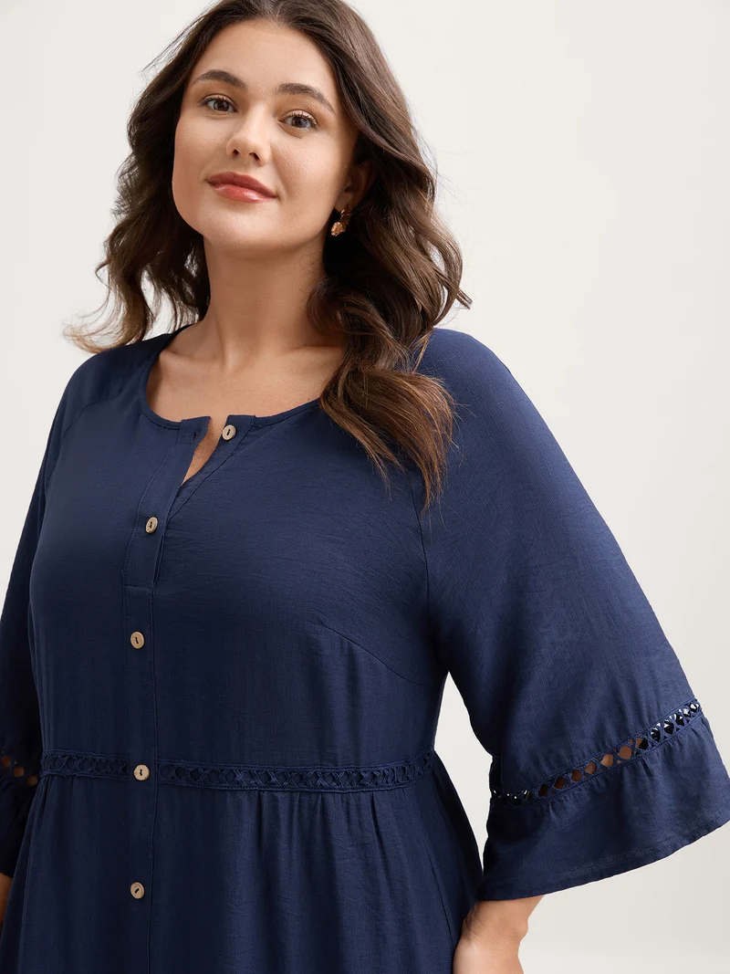 Button Front Lace Trim Pockets Midi Dress