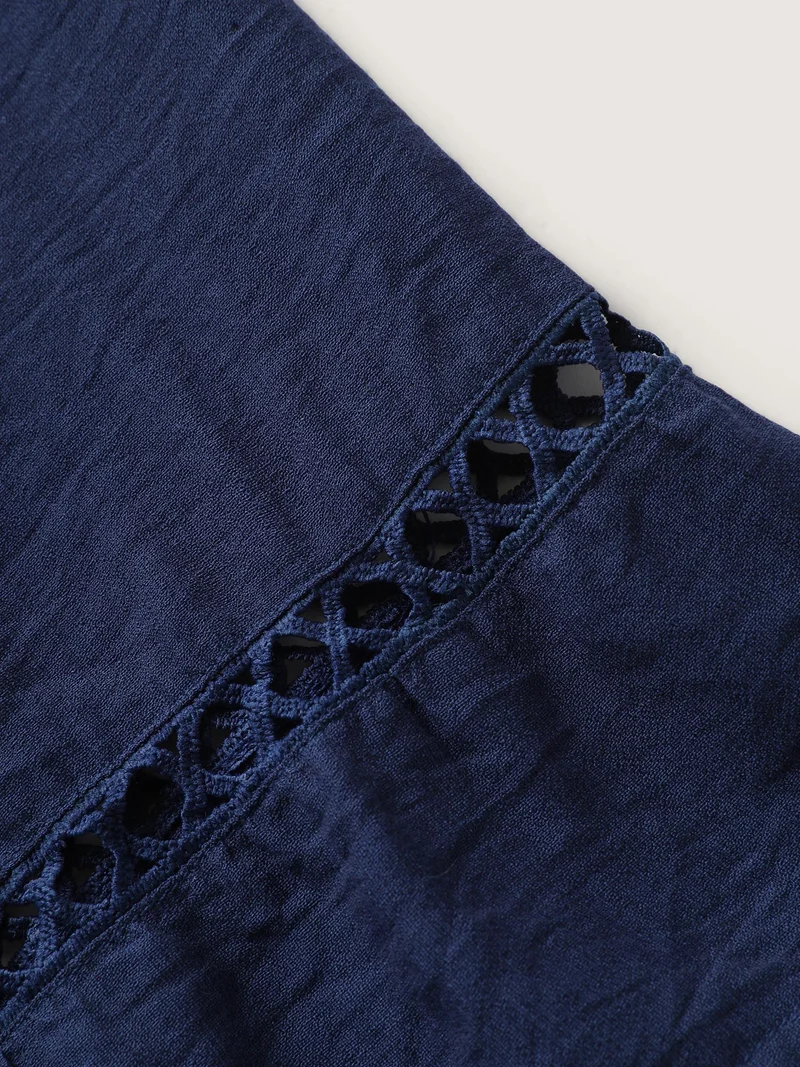 Button Front Lace Trim Pockets Midi Dress