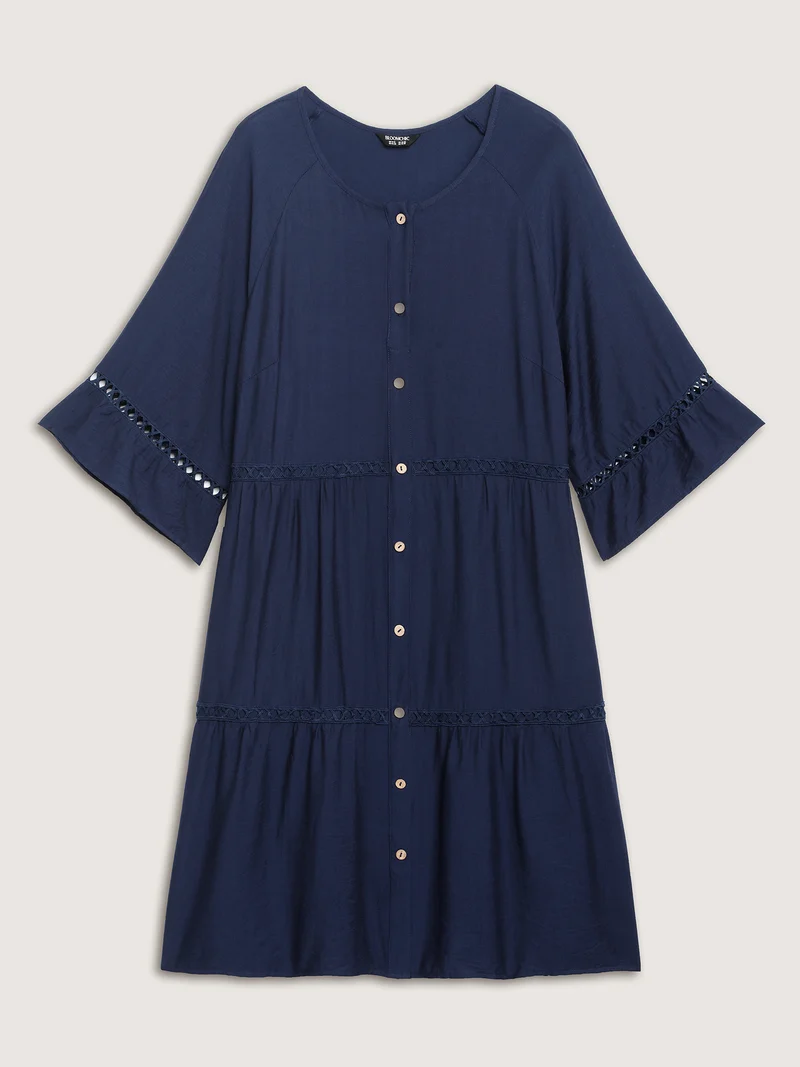 Button Front Lace Trim Pockets Midi Dress