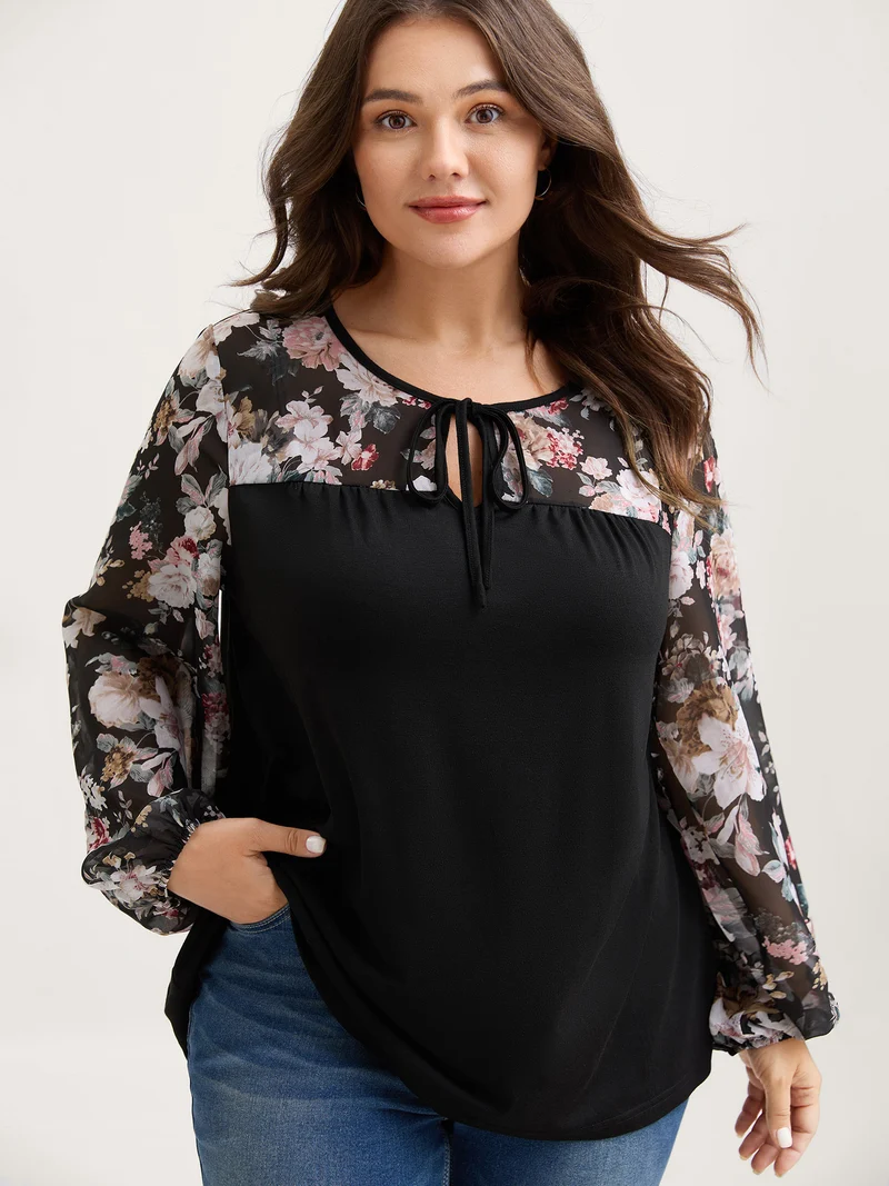 Sheer Floral Print Neck-Tie T-Shirt