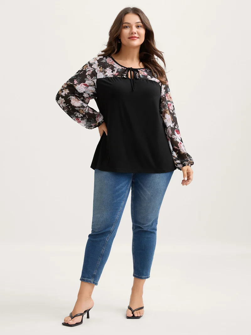 Sheer Floral Print Neck-Tie T-Shirt