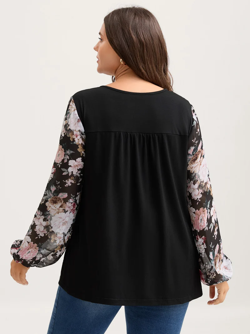 Sheer Floral Print Neck-Tie T-Shirt