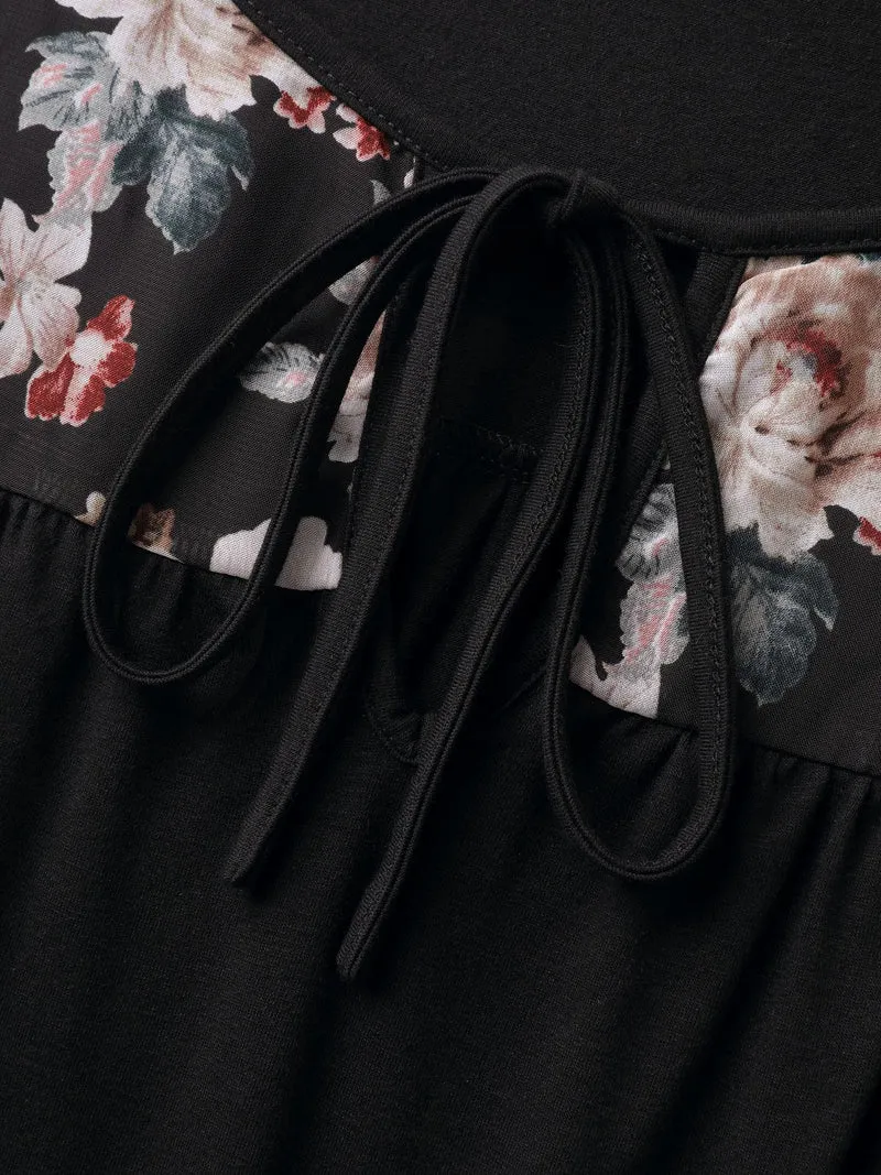 Sheer Floral Print Neck-Tie T-Shirt