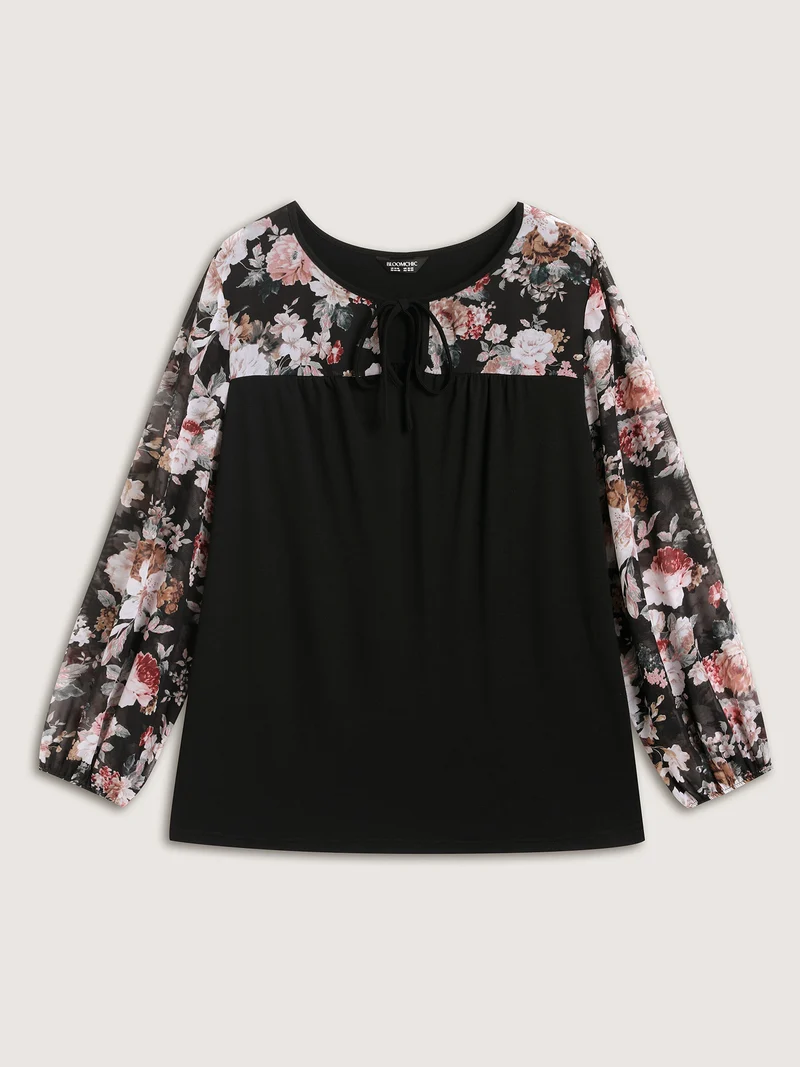 Sheer Floral Print Neck-Tie T-Shirt