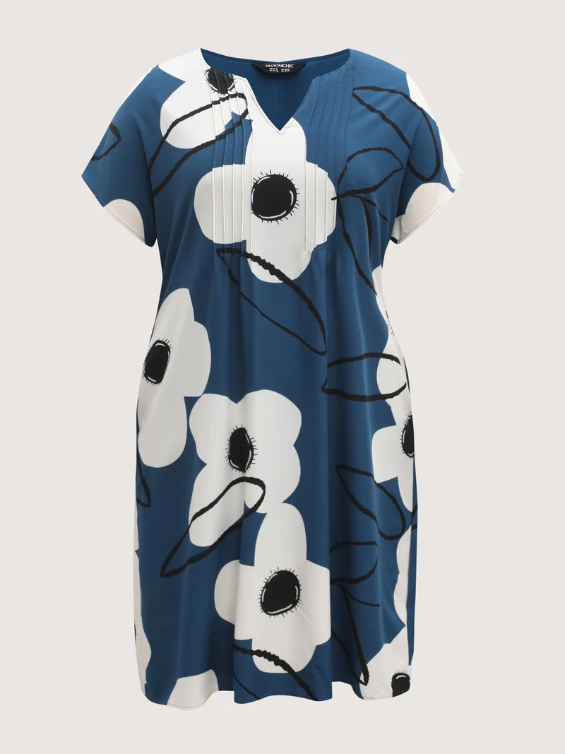 Floral Pleated Front Pockets Midi Dress