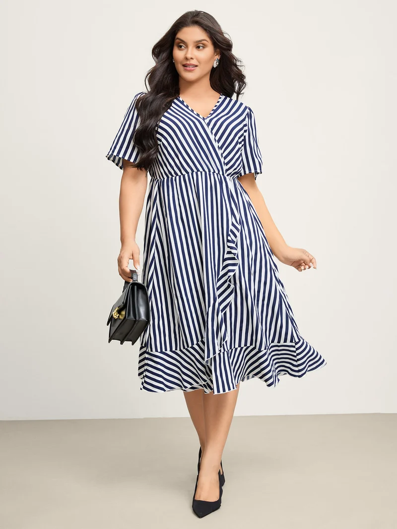 Irregular Stripes High-Waist Pockets Midi Dress