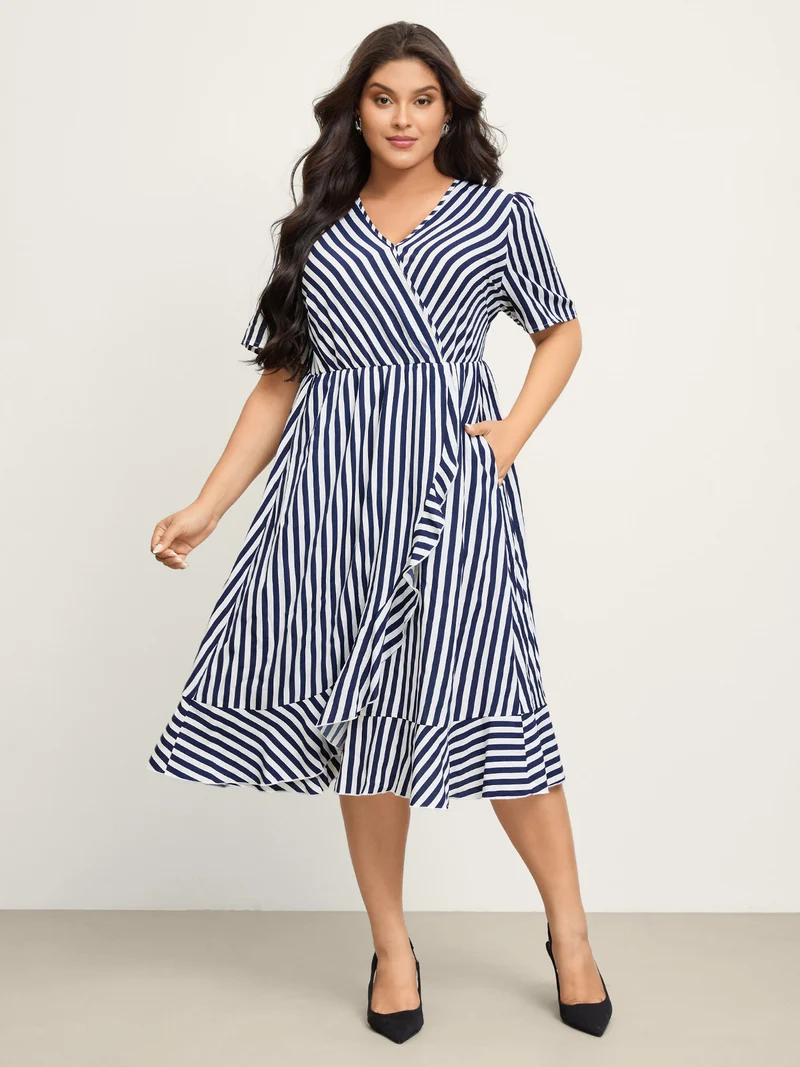 Irregular Stripes High-Waist Pockets Midi Dress