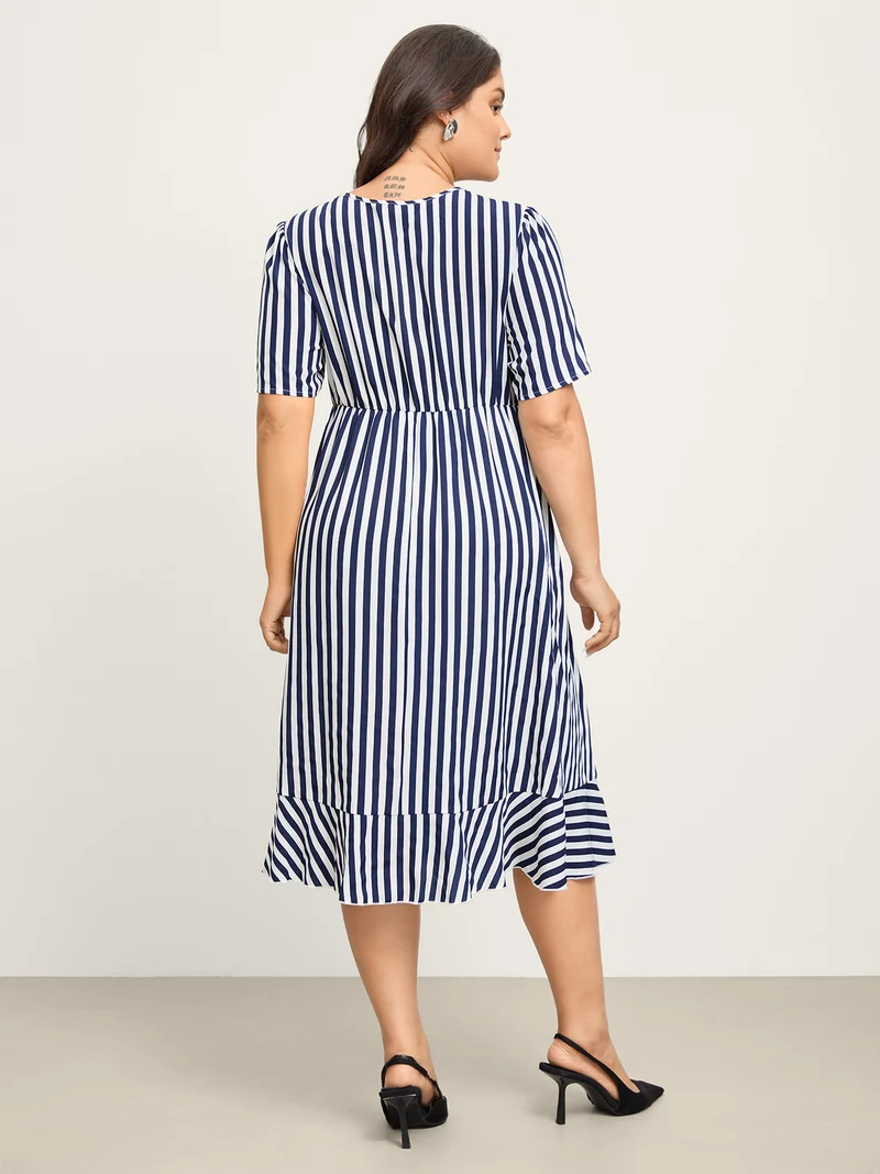 Irregular Stripes High-Waist Pockets Midi Dress