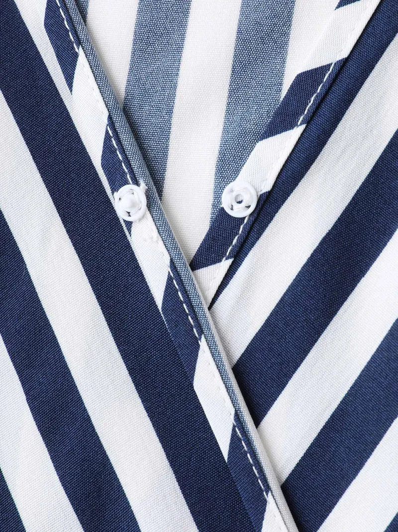 Irregular Stripes High-Waist Pockets Midi Dress