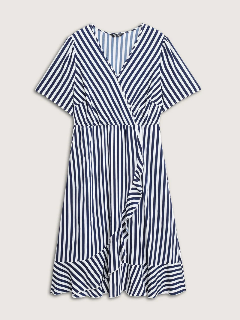 Irregular Stripes High-Waist Pockets Midi Dress