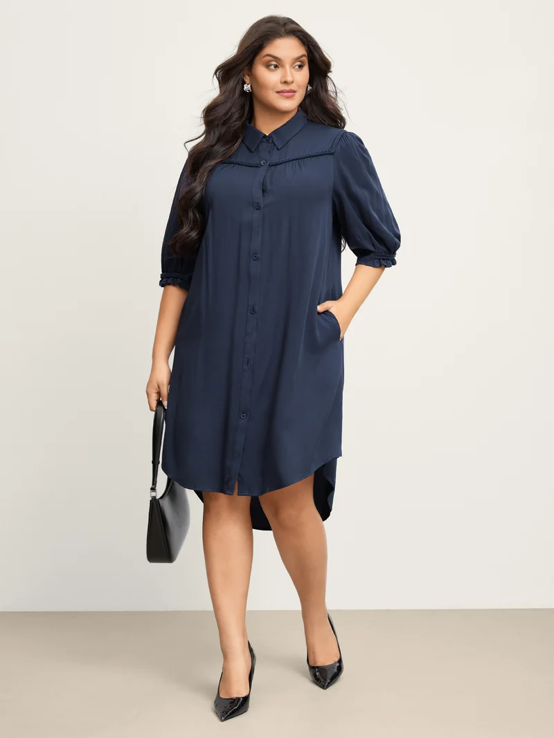 Ruffled Trim Asymmetrical Hem Shirt Dress