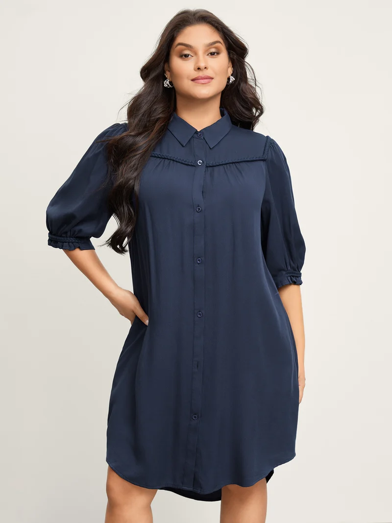 Ruffled Trim Asymmetrical Hem Shirt Dress