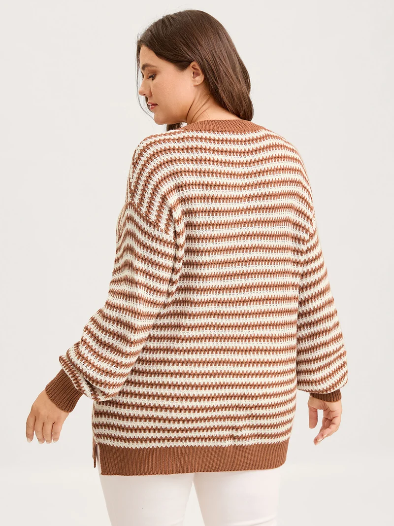Striped Textured Ribbed Hem V-Neck Pullover
