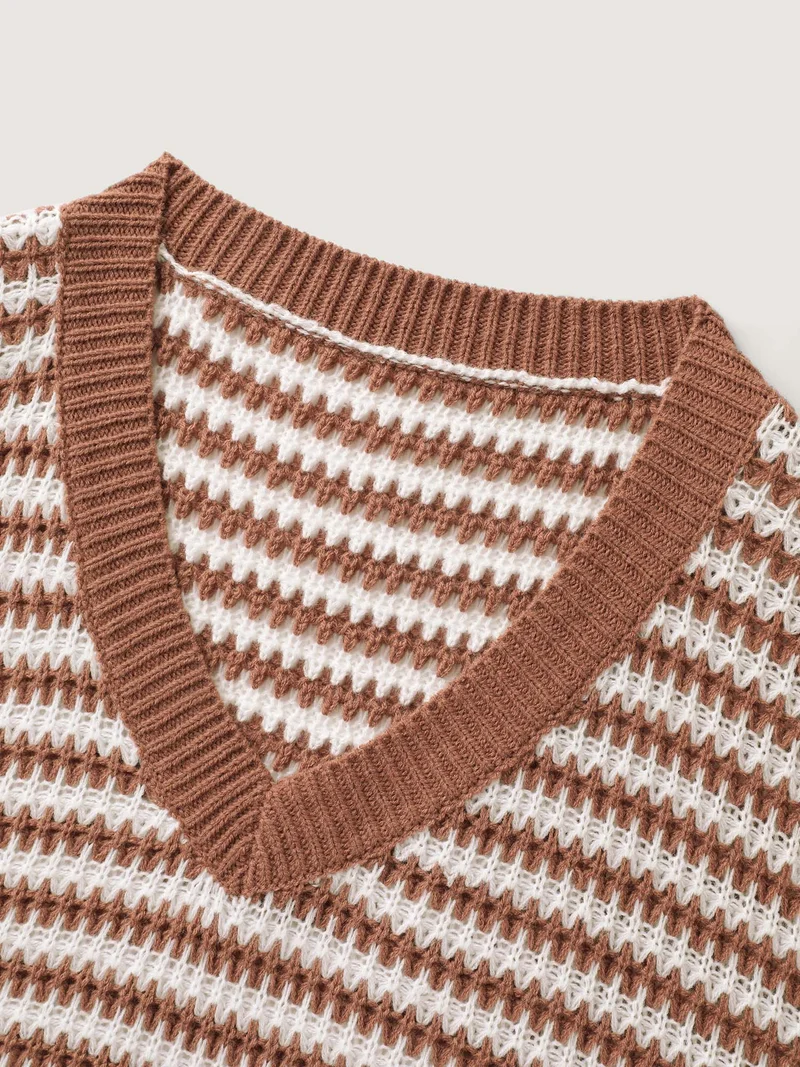 Striped Textured Ribbed Hem V-Neck Pullover
