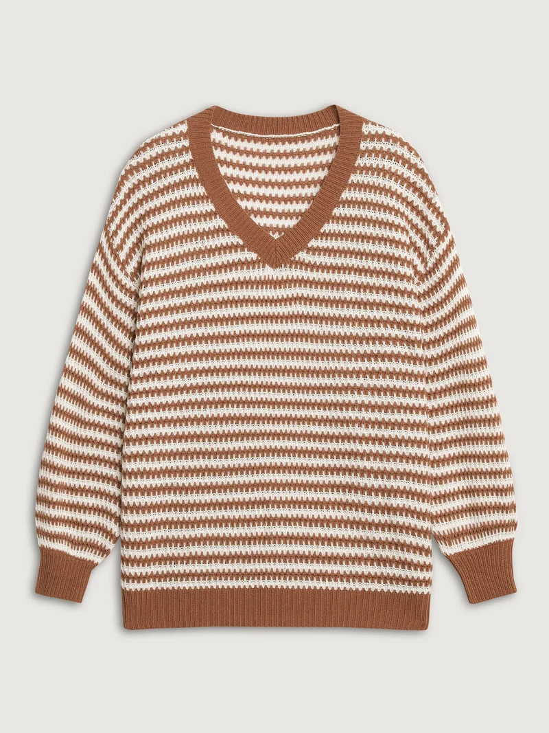 Striped Textured Ribbed Hem V-Neck Pullover