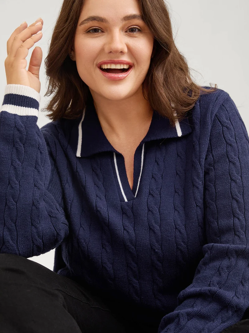 Supersoft Cable Knit Polo Collar Contrast Pullover